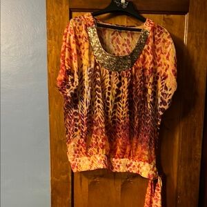 NY Collection Orange Red Graphic Embellished Blouse